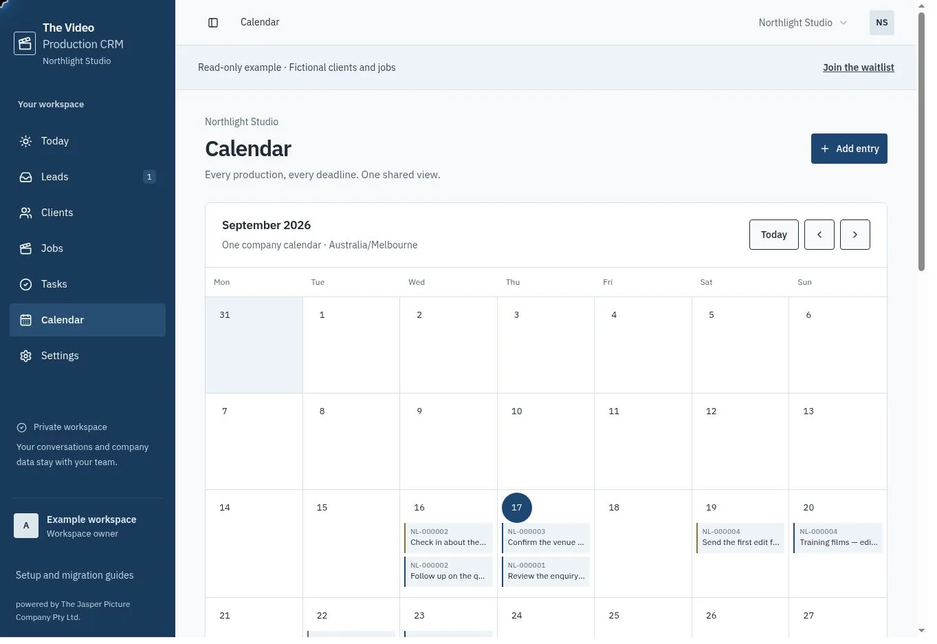 A shared company calendar with production references and deadlines