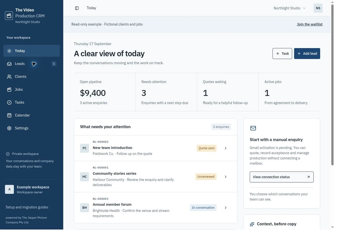The CRM dashboard showing enquiries and production tasks