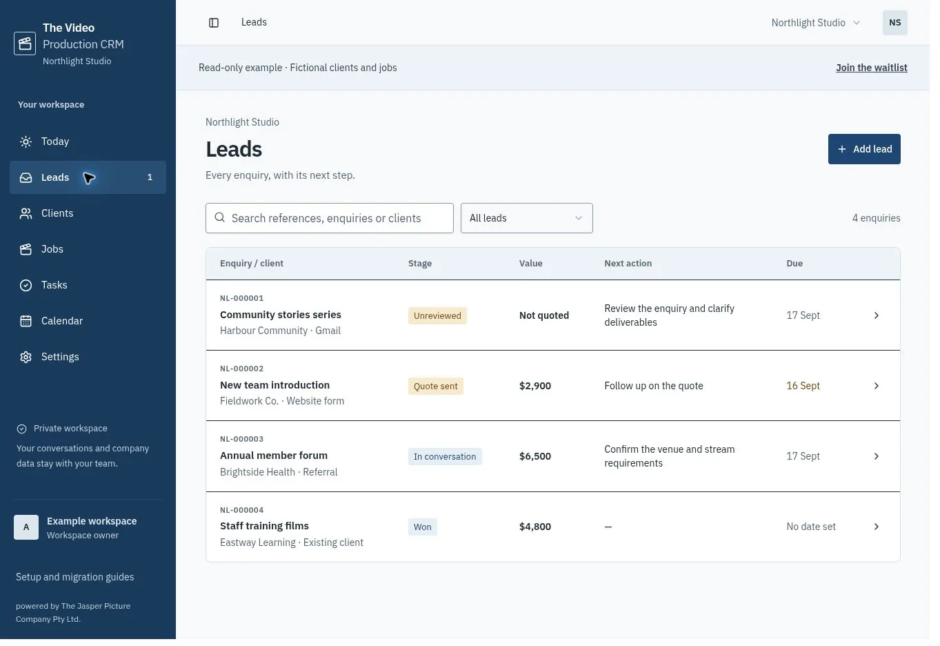 Actual enquiries view showing fictional clients, production references, stages and next actions.