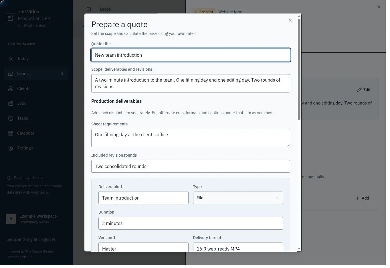 The quote editor showing scope and priced line items